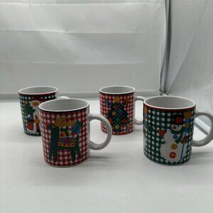 Set of 4 Living Quarters Signature Gingham Christmas Red Green Checks Mugs Cups